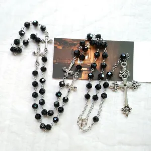 Black Crystal Long Pendant Rosary Necklace