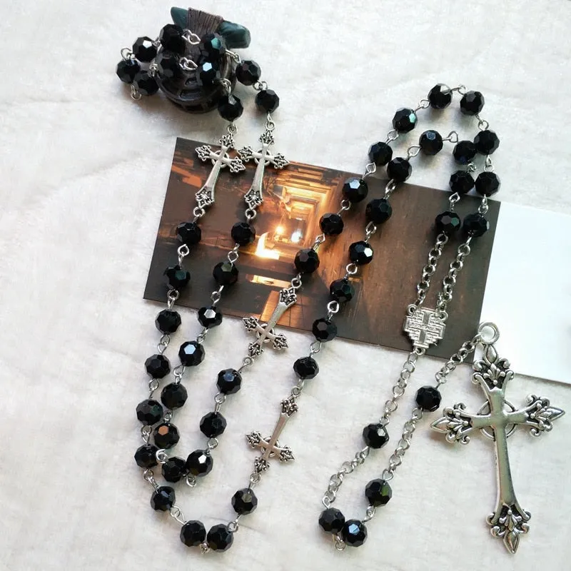 Black Crystal Long Pendant Rosary Necklace