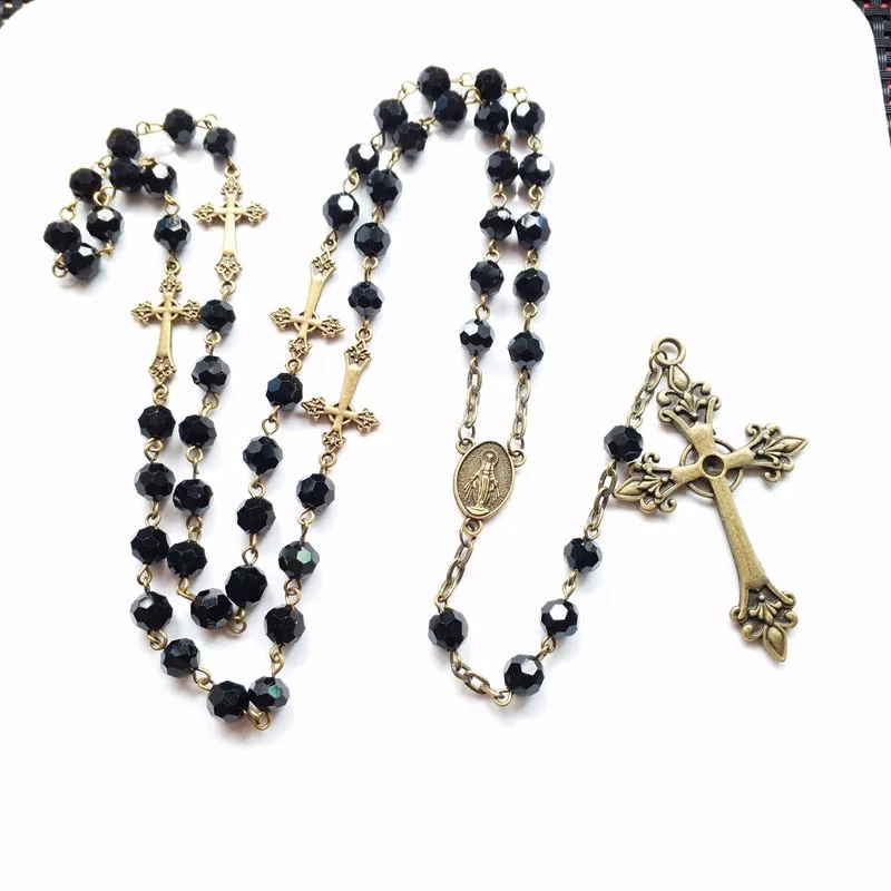 Black Crystal Long Pendant Rosary Necklace