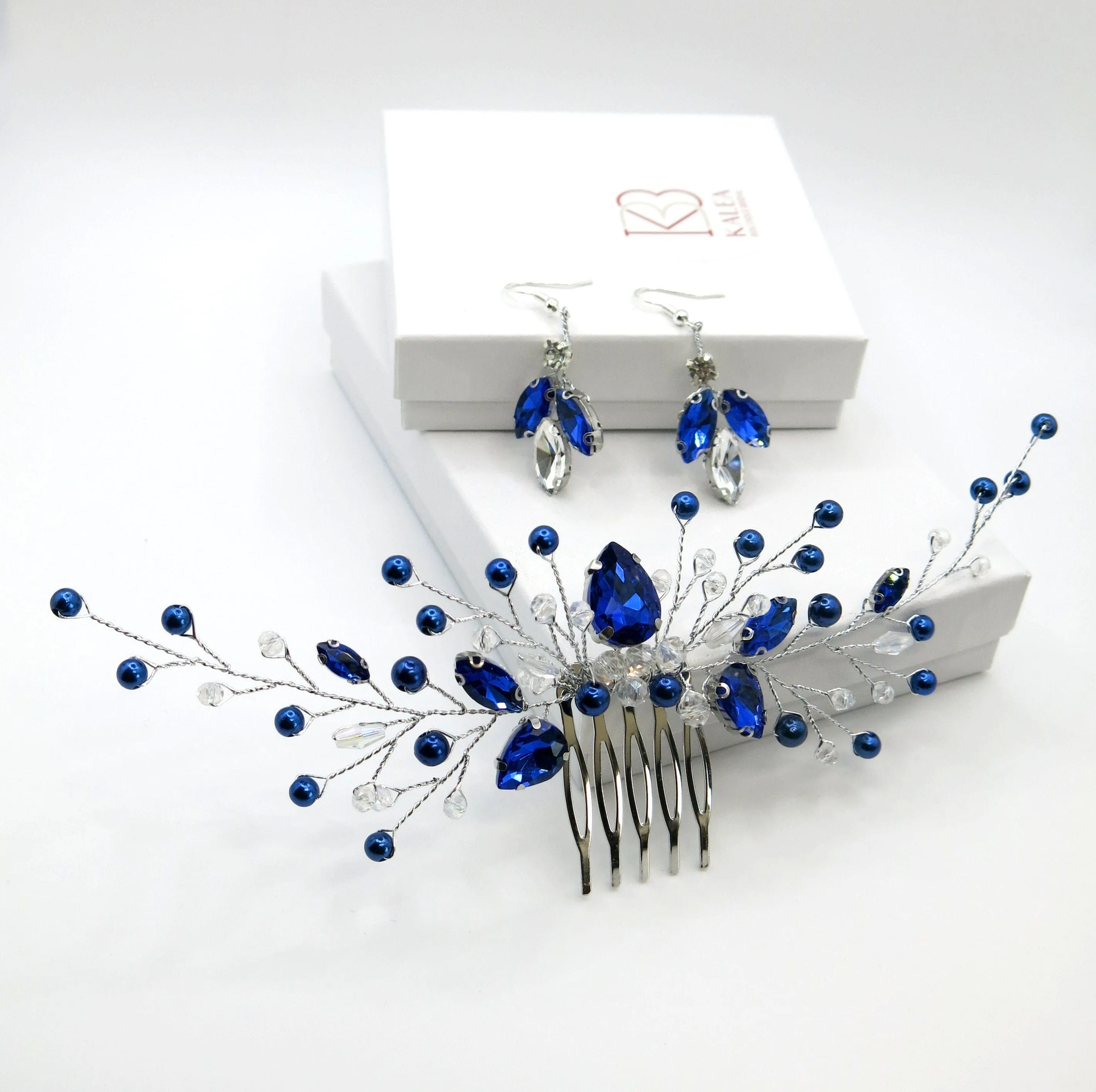 Blue Crystal Gem Hair Comb and Earrings 3 PC Set, Bridal Silver Wire Hairpin and Crystal Earrings, Wedding Rhinestone Flower Headpiece