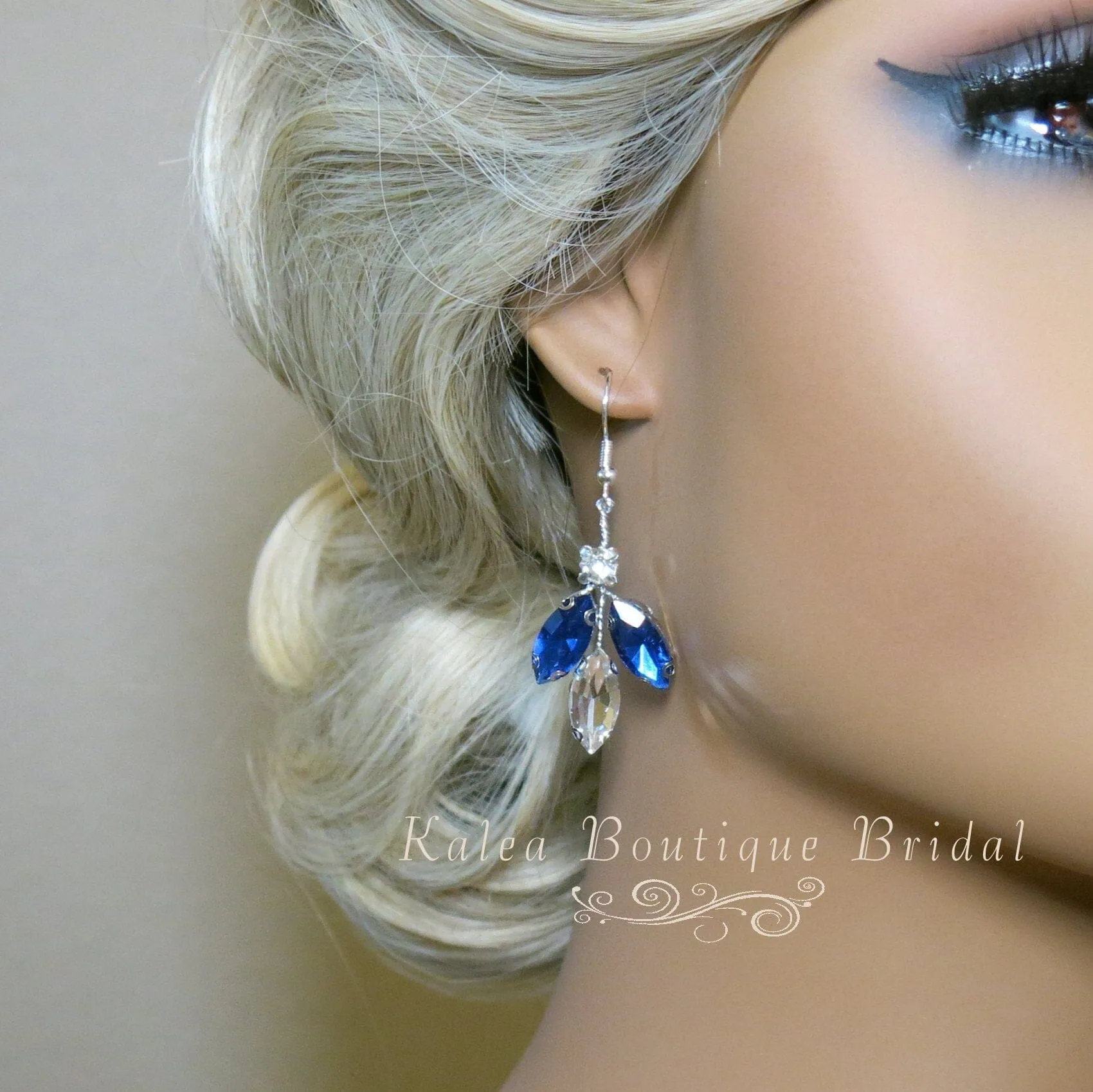 Blue Crystal Gem Hair Comb and Earrings 3 PC Set, Bridal Silver Wire Hairpin and Crystal Earrings, Wedding Rhinestone Flower Headpiece