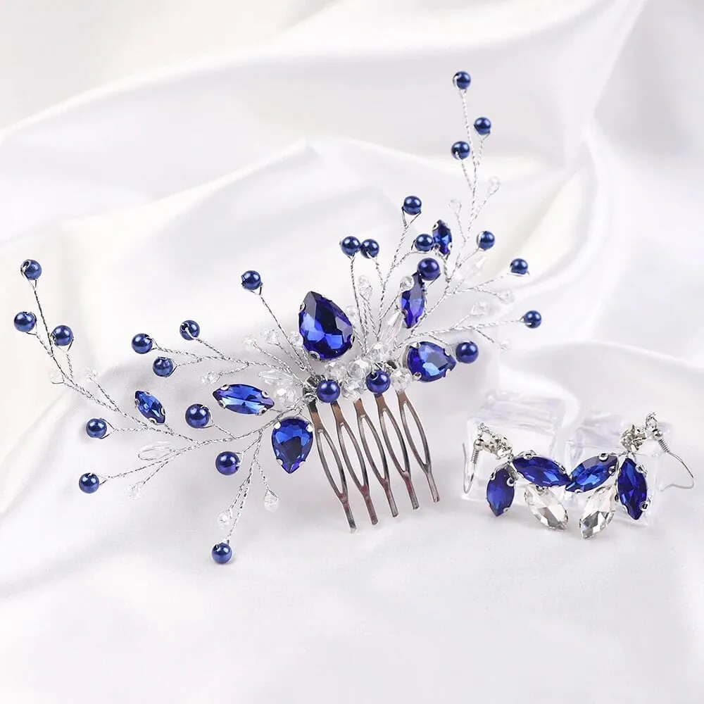 Blue Crystal Gem Hair Comb and Earrings 3 PC Set, Bridal Silver Wire Hairpin and Crystal Earrings, Wedding Rhinestone Flower Headpiece