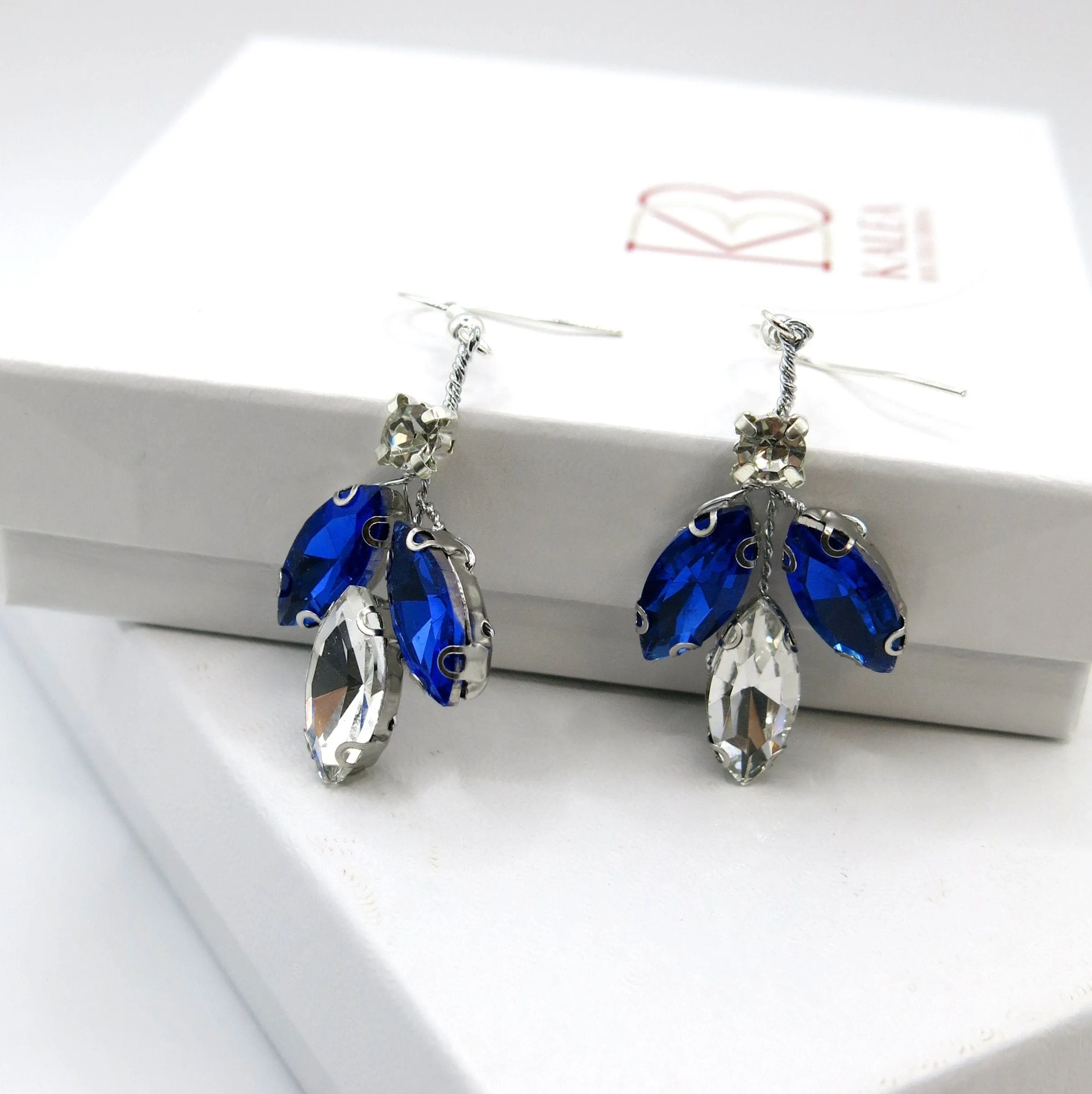 Blue Crystal Gem Hair Comb and Earrings 3 PC Set, Bridal Silver Wire Hairpin and Crystal Earrings, Wedding Rhinestone Flower Headpiece