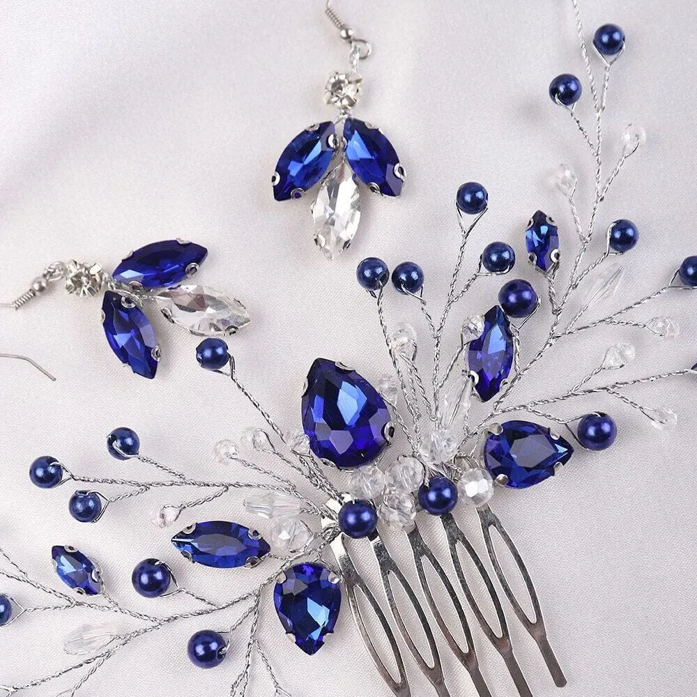 Blue Crystal Gem Hair Comb and Earrings 3 PC Set, Bridal Silver Wire Hairpin and Crystal Earrings, Wedding Rhinestone Flower Headpiece
