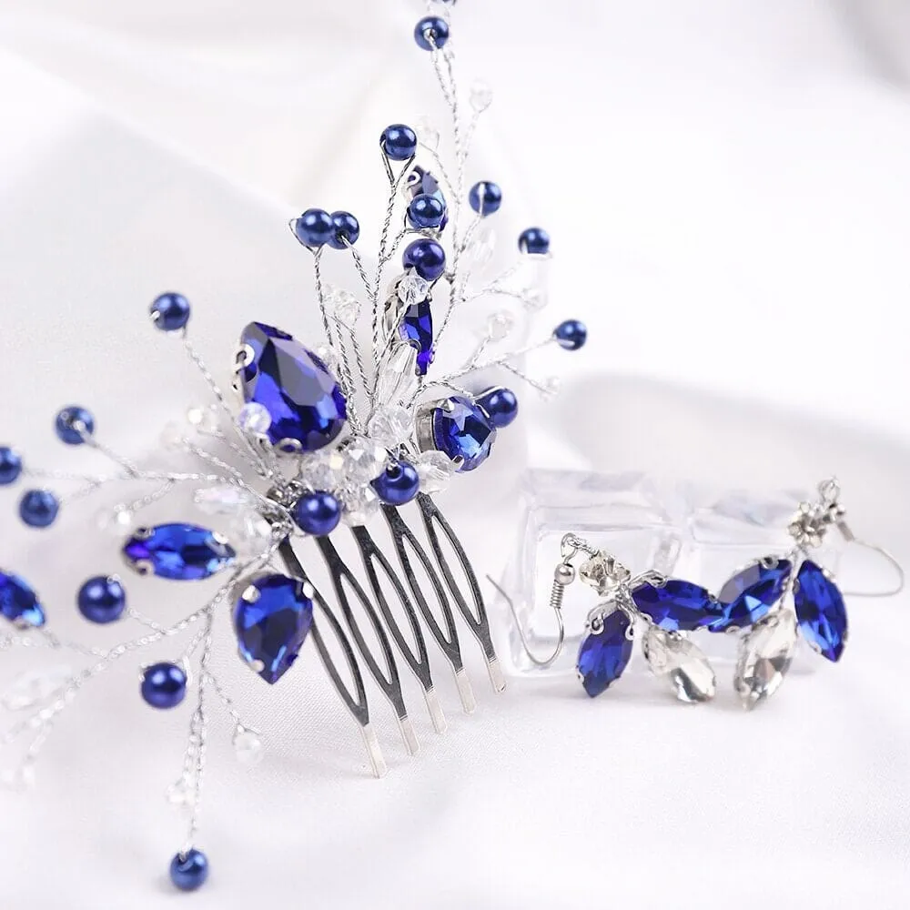 Blue Crystal Gem Hair Comb and Earrings 3 PC Set, Bridal Silver Wire Hairpin and Crystal Earrings, Wedding Rhinestone Flower Headpiece