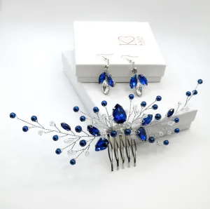 Blue Crystal Gem Hair Comb and Earrings 3 PC Set, Bridal Silver Wire Hairpin and Crystal Earrings, Wedding Rhinestone Flower Headpiece