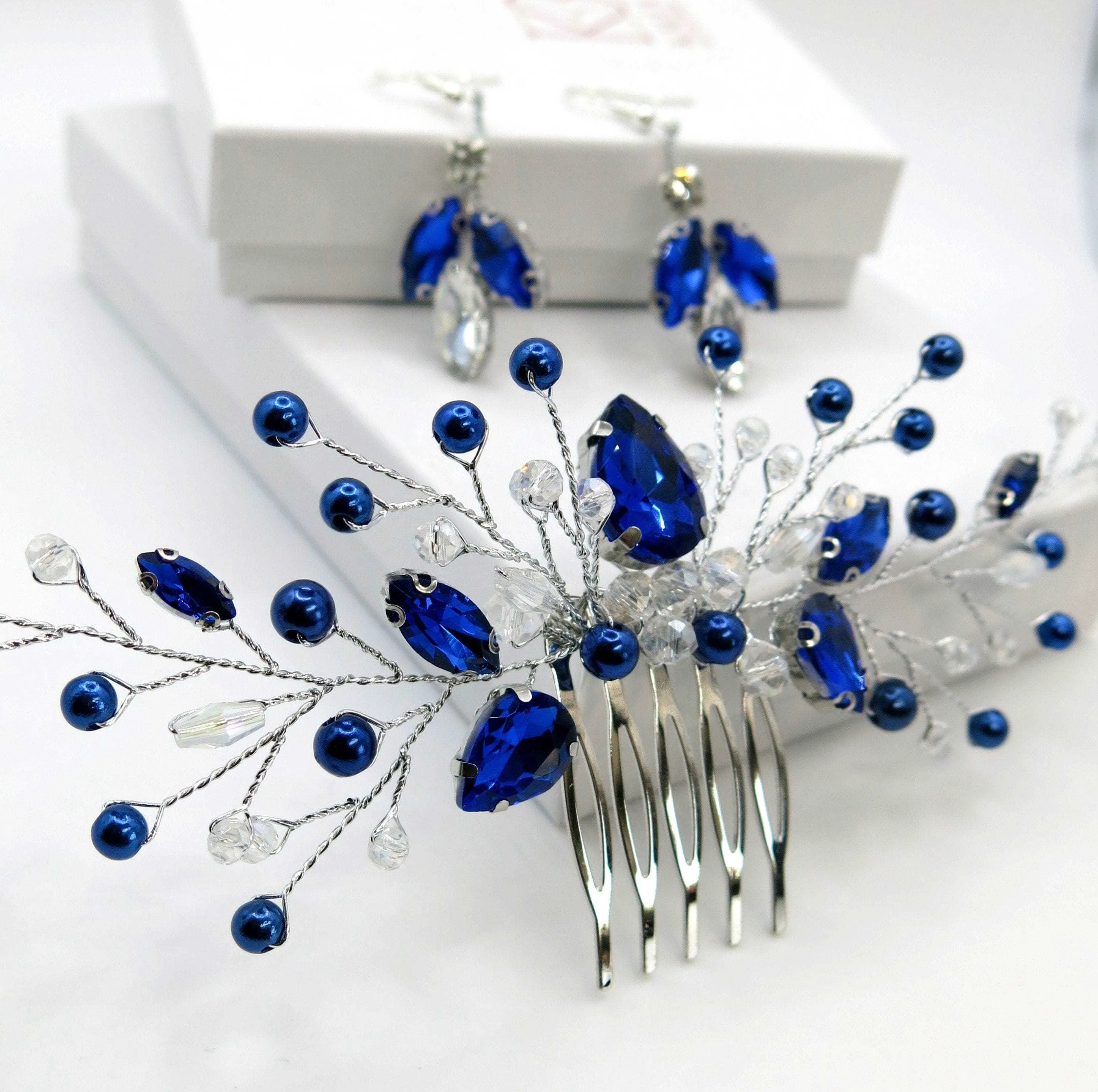 Blue Crystal Gem Hair Comb and Earrings 3 PC Set, Bridal Silver Wire Hairpin and Crystal Earrings, Wedding Rhinestone Flower Headpiece