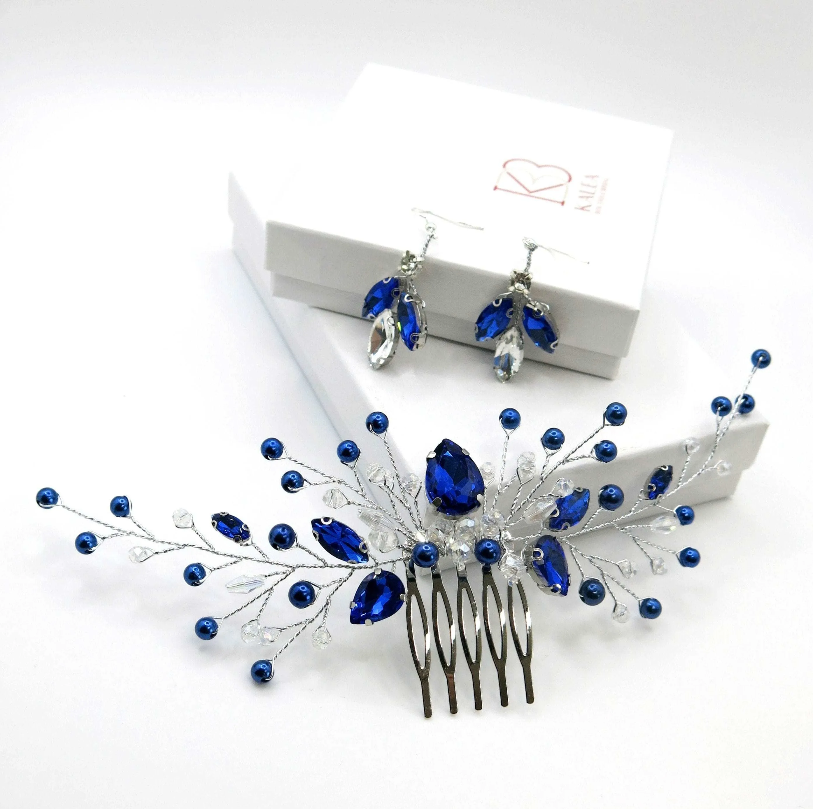 Blue Crystal Gem Hair Comb and Earrings 3 PC Set, Bridal Silver Wire Hairpin and Crystal Earrings, Wedding Rhinestone Flower Headpiece