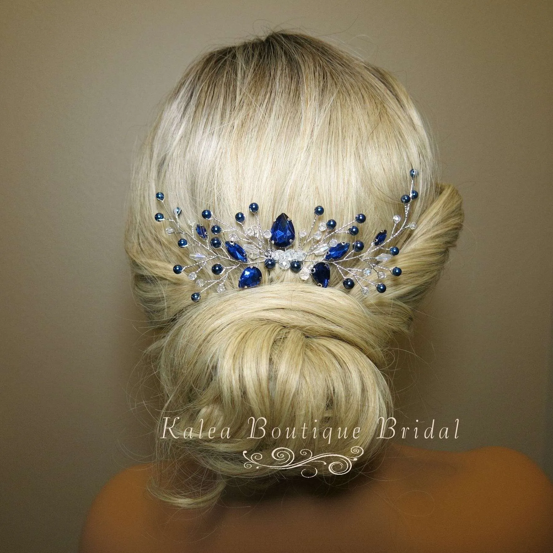 Blue Crystal Gem Hair Comb and Earrings 3 PC Set, Bridal Silver Wire Hairpin and Crystal Earrings, Wedding Rhinestone Flower Headpiece