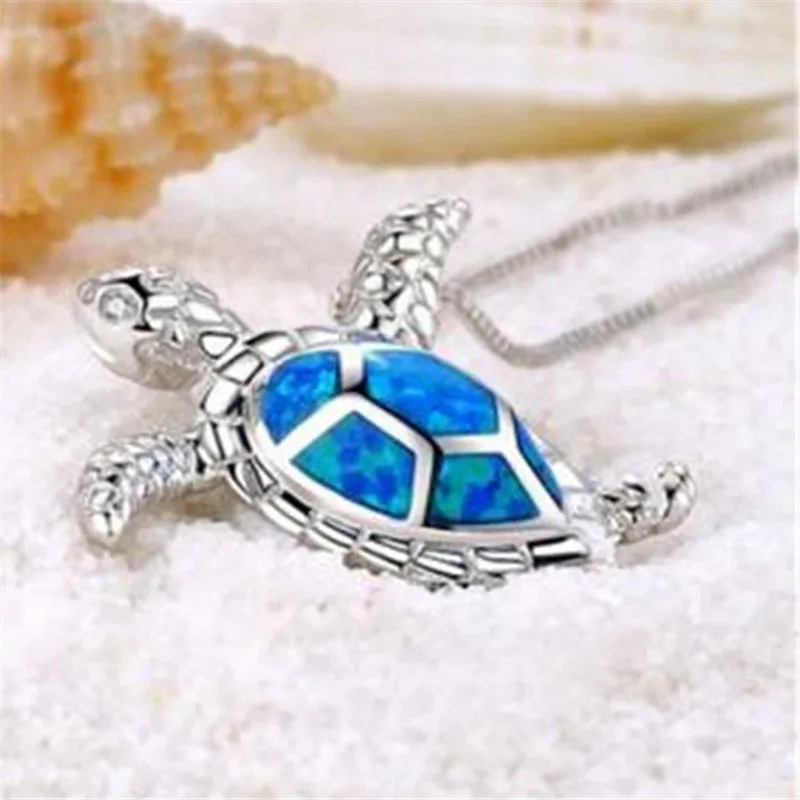Blue Opal Sea Turtle Pendant Necklace