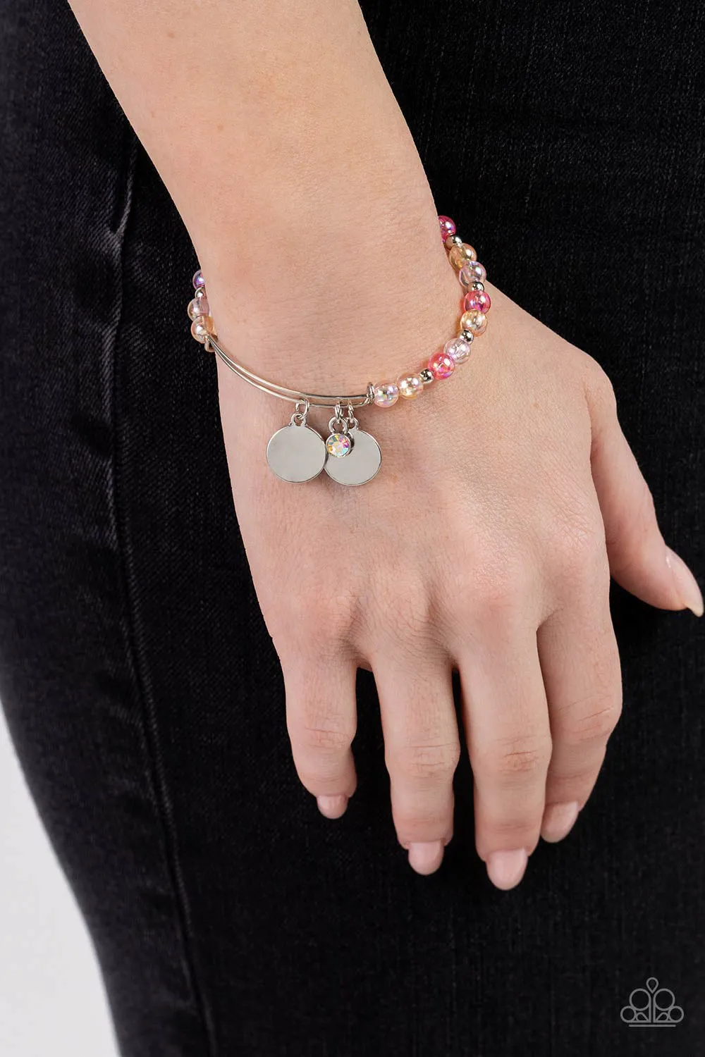 Bodacious Beacon - Pink - Iridescent Shimmer Bead Silver Disc Paparazzi Bangle Bracelet