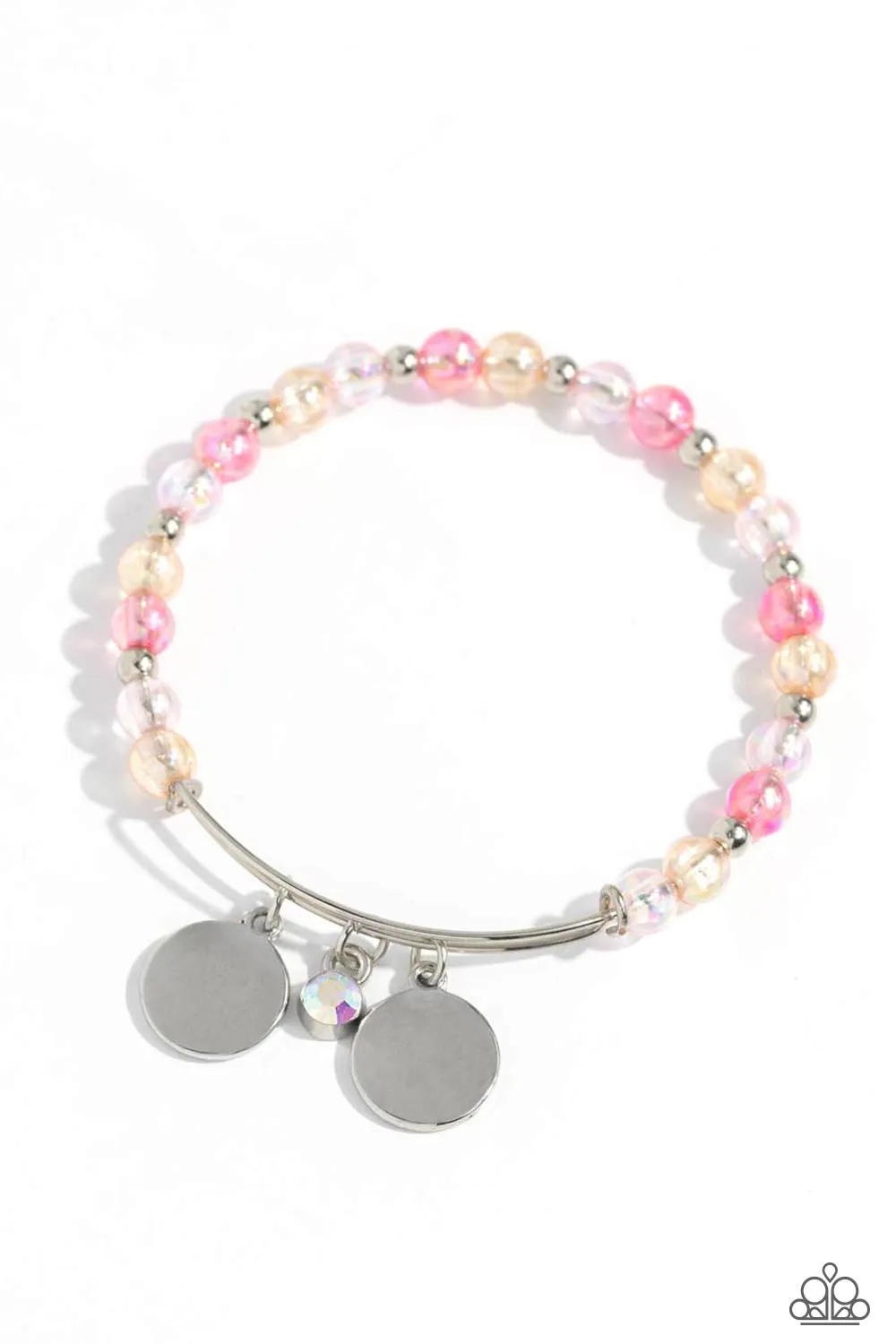 Bodacious Beacon - Pink - Iridescent Shimmer Bead Silver Disc Paparazzi Bangle Bracelet