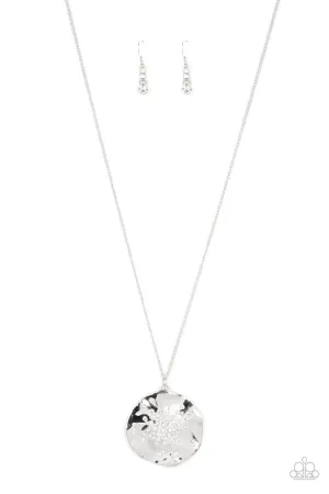 Boom and COMBUST - White - Rhinestone Hammered Silver Disc Paparazzi Long Necklace