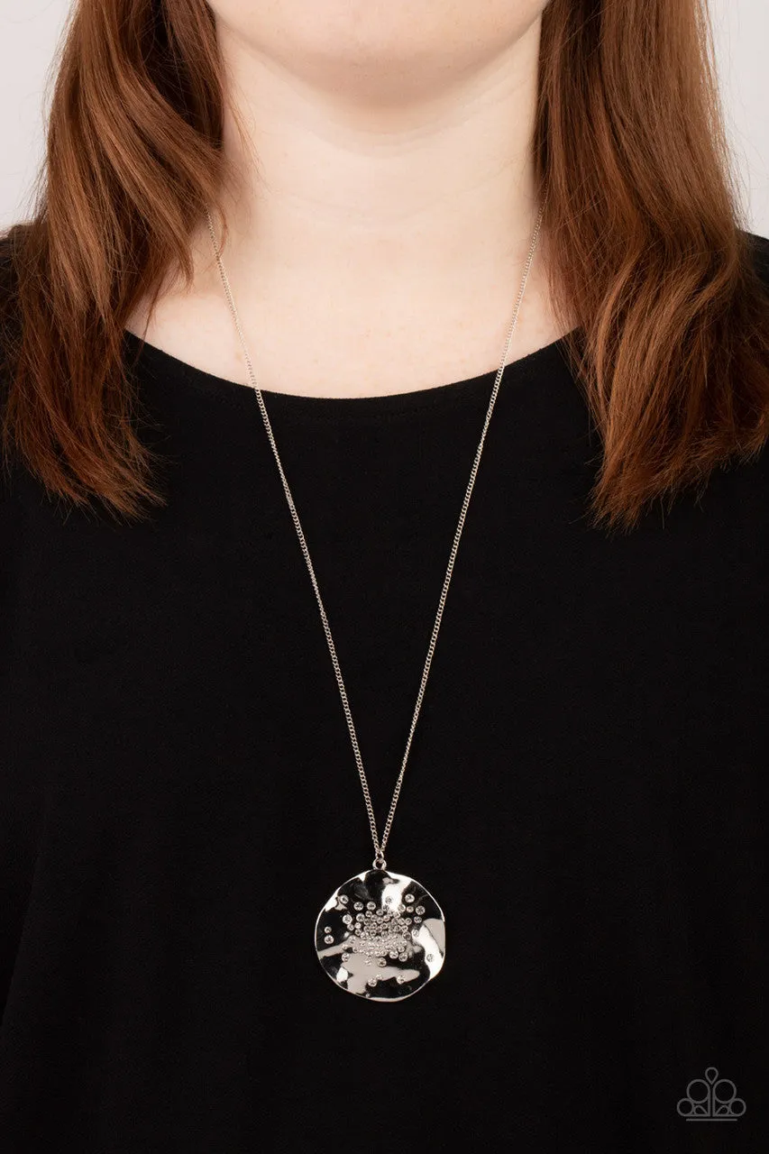 Boom and COMBUST - White - Rhinestone Hammered Silver Disc Paparazzi Long Necklace