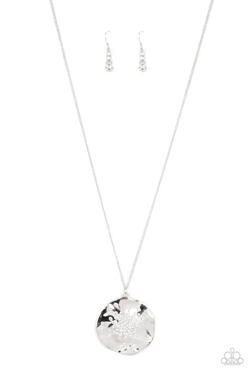Boom and COMBUST - White - Rhinestone Hammered Silver Disc Paparazzi Long Necklace