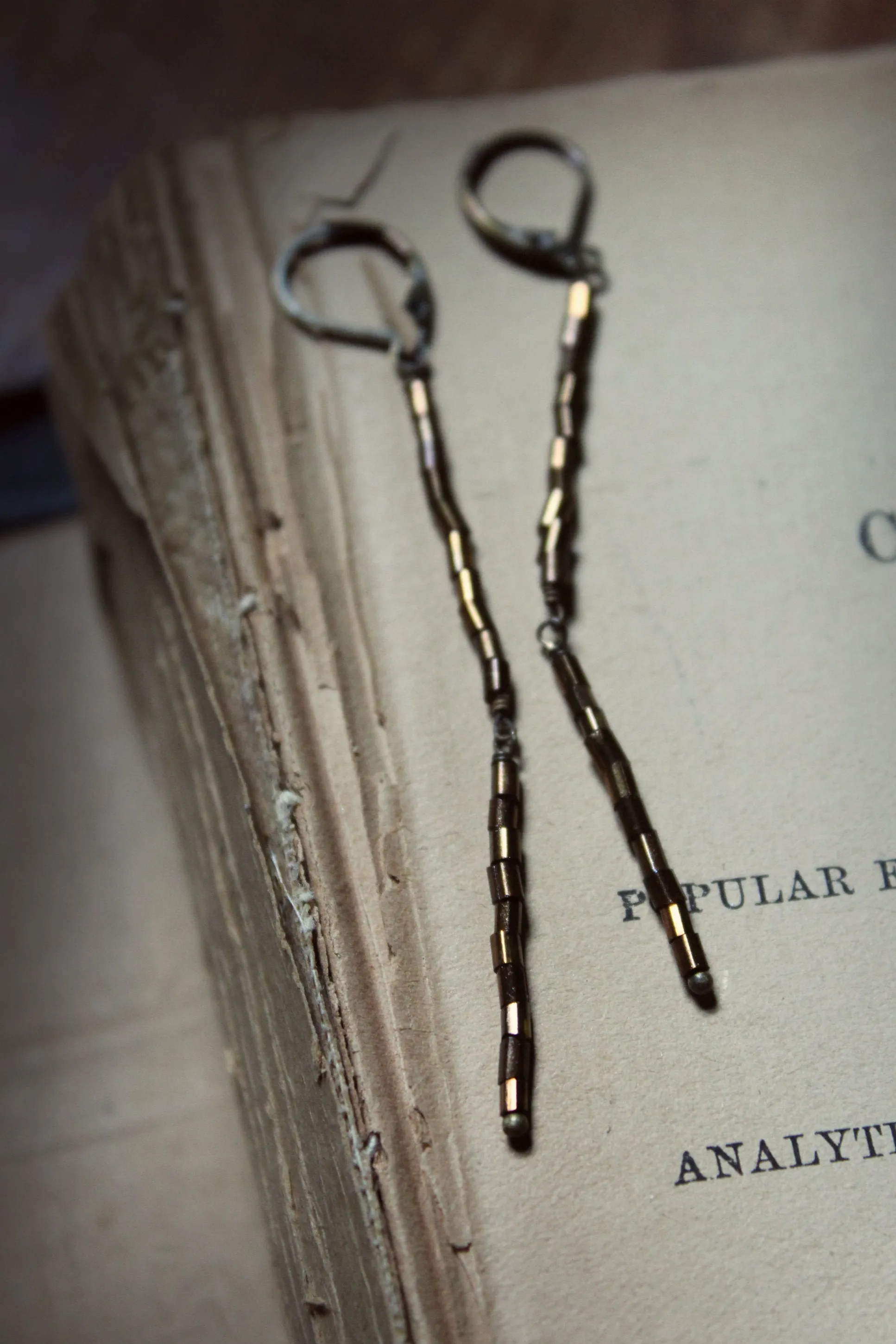 Branchlet. Rustic Metallic Copper Bronze Tube Bead Linear Earrings.