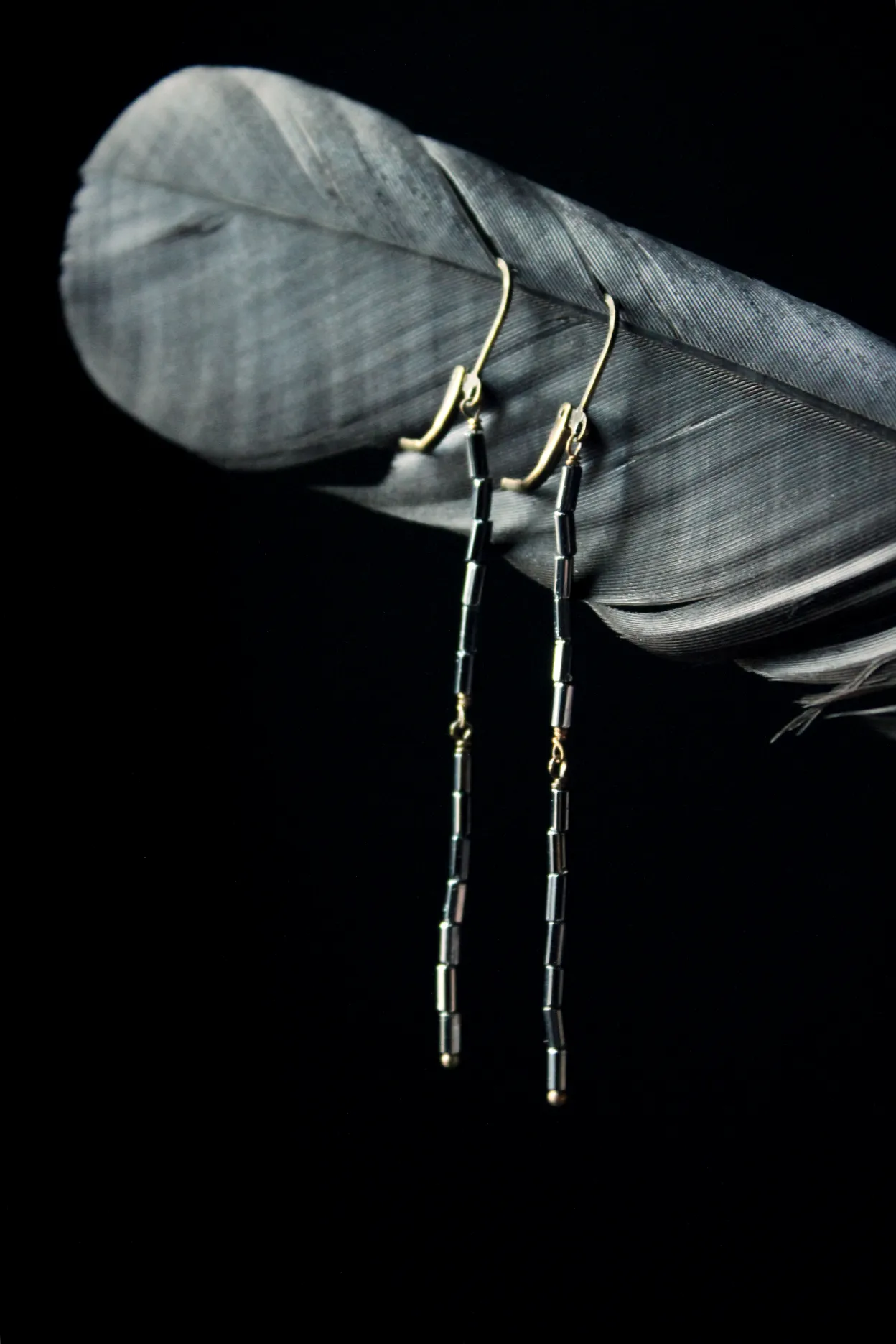 Branchlet | Starlit. Rustic Metallic Hematite Pewter Tube Bead Linear Earrings.