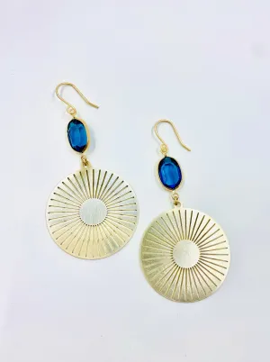 Brass Sun Medallion Earrings in Cobalt Blue