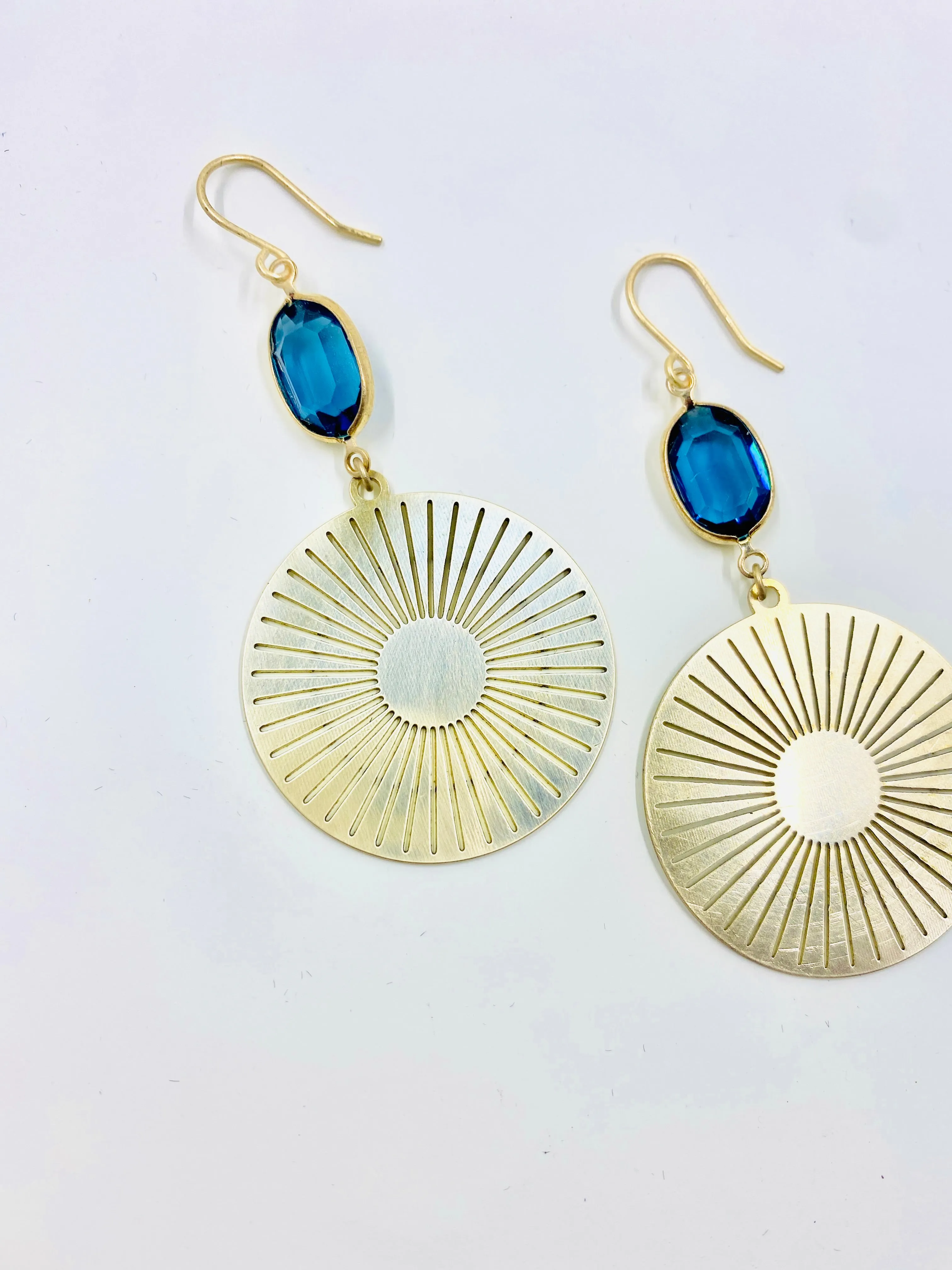 Brass Sun Medallion Earrings in Cobalt Blue