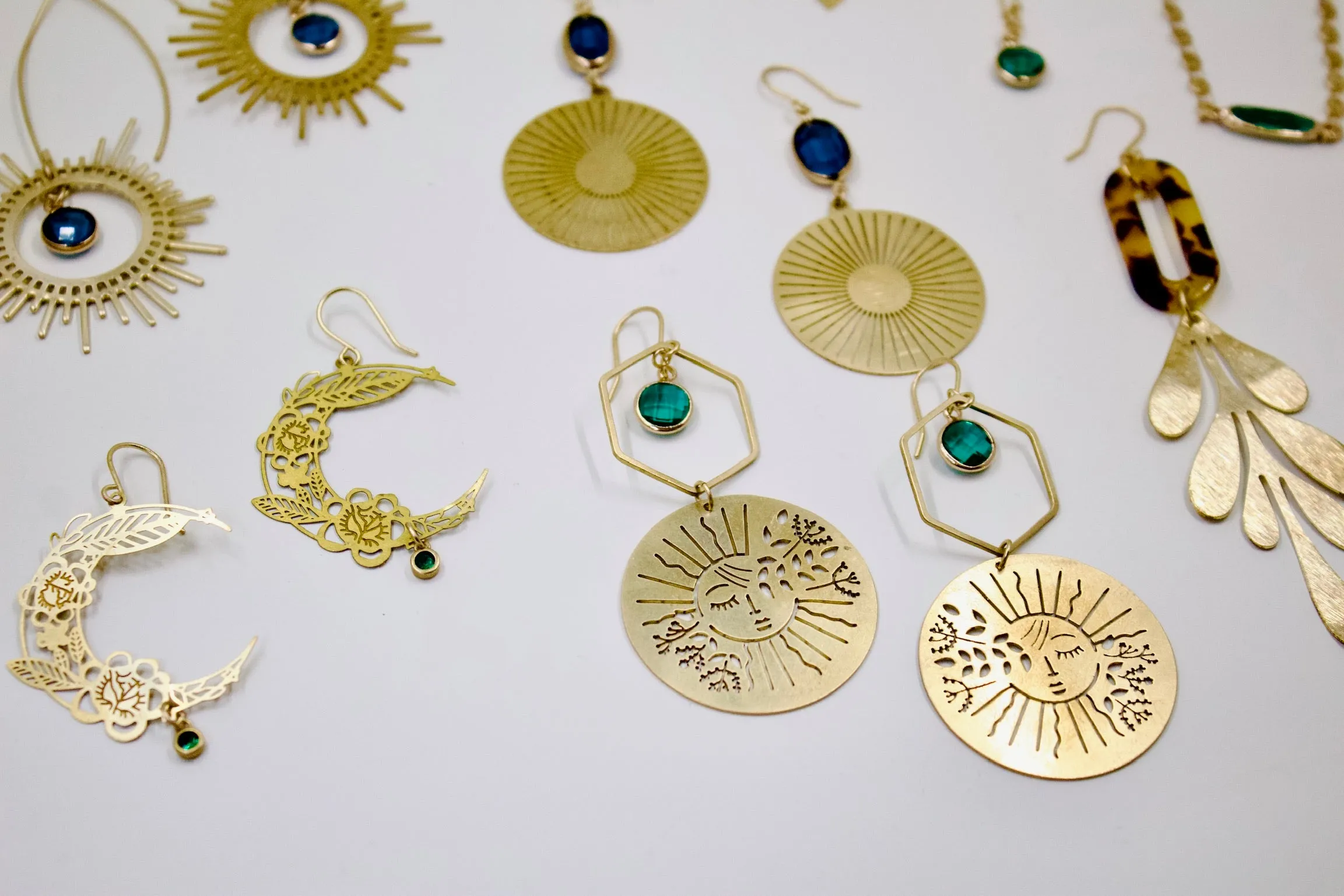 Brass Sun Medallion Earrings in Cobalt Blue