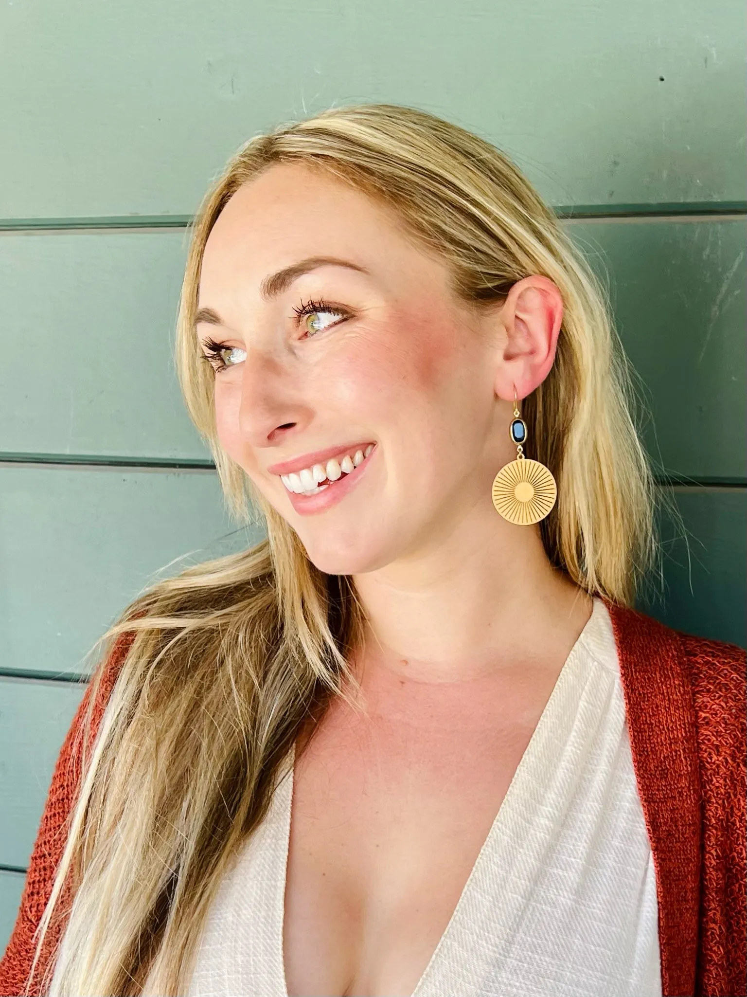 Brass Sun Medallion Earrings in Cobalt Blue
