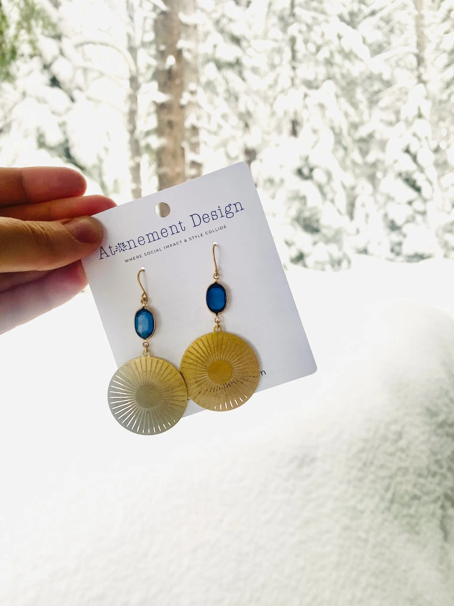 Brass Sun Medallion Earrings in Cobalt Blue