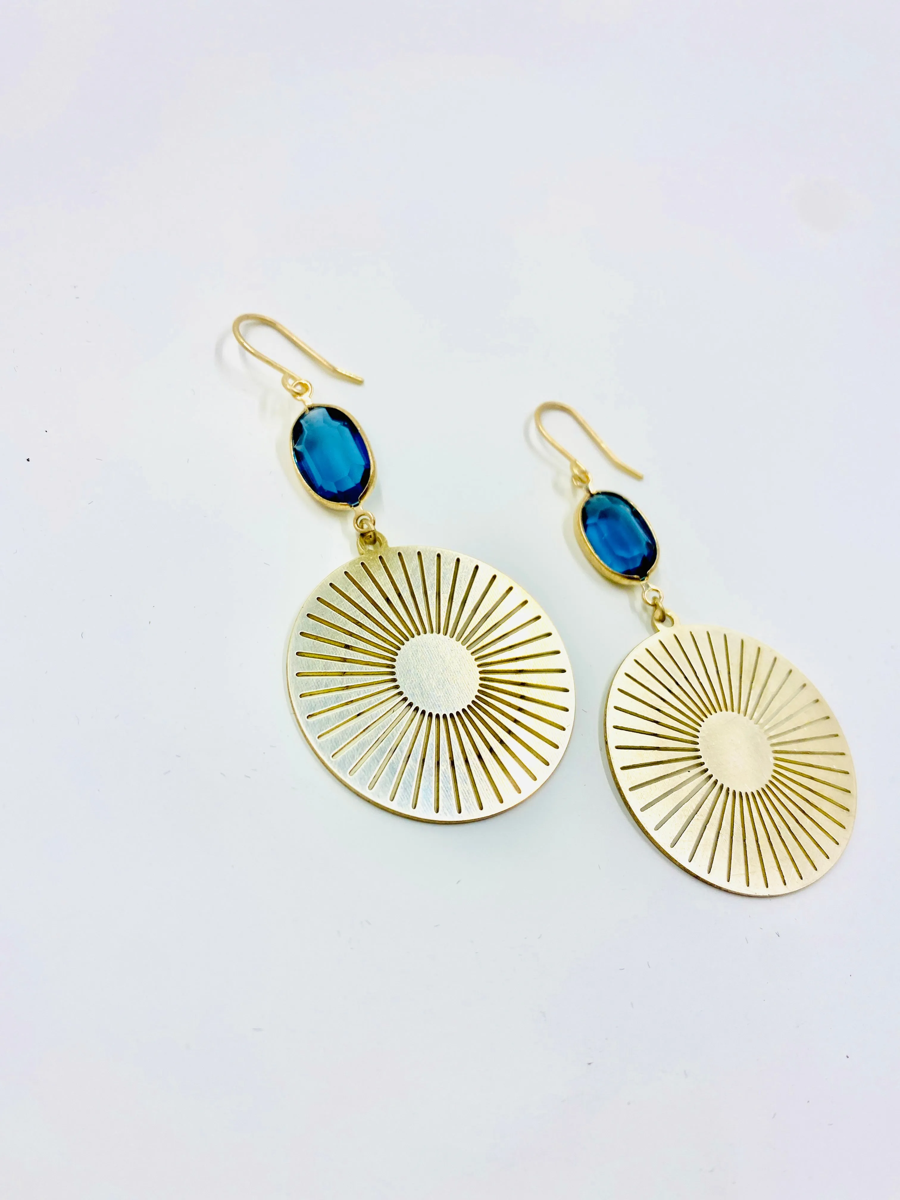 Brass Sun Medallion Earrings in Cobalt Blue