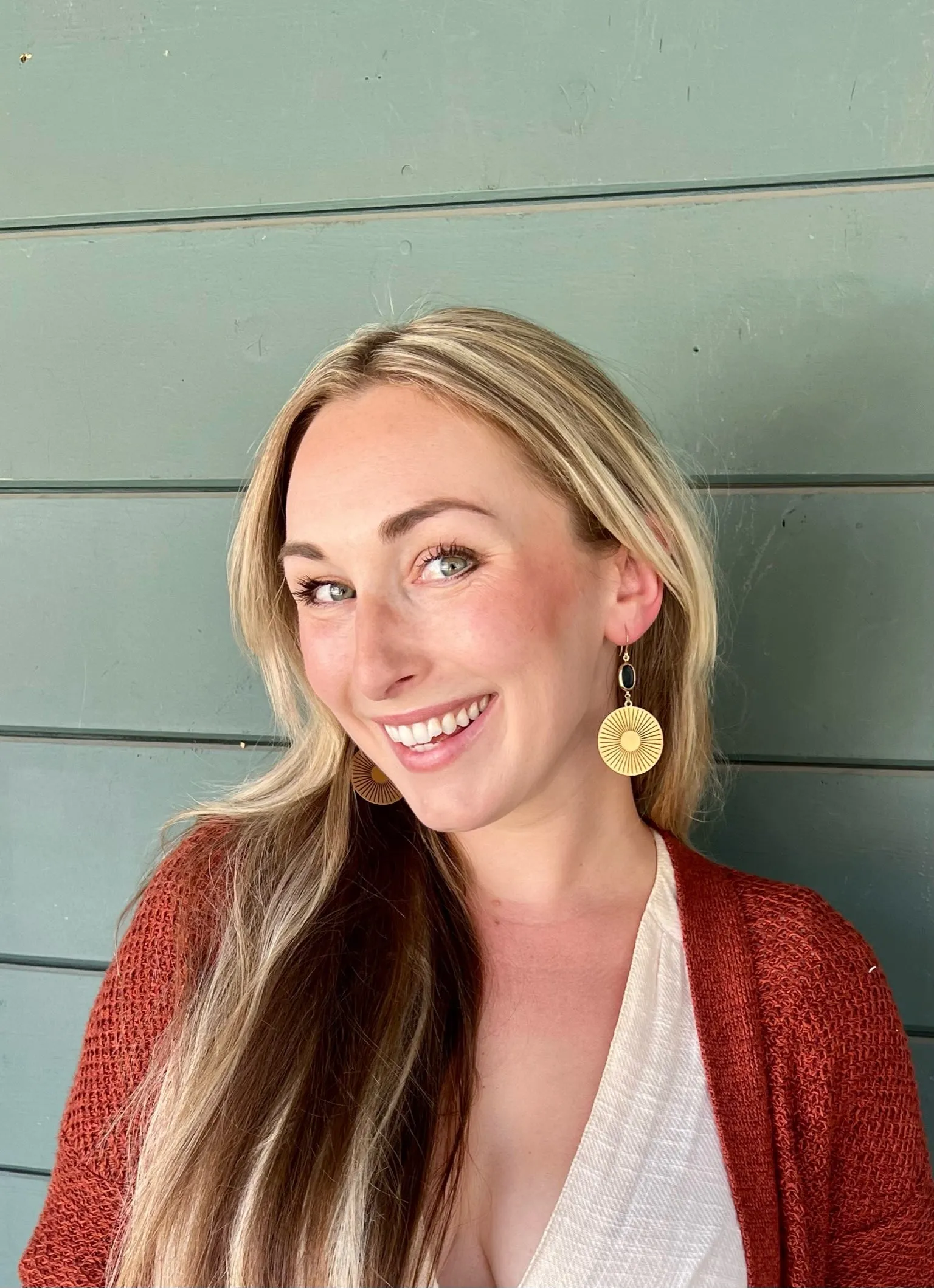 Brass Sun Medallion Earrings in Cobalt Blue