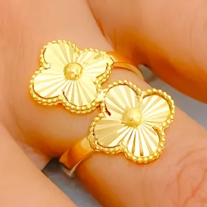 Bright Trendy Dual Flower 21k Gold Clover Ring