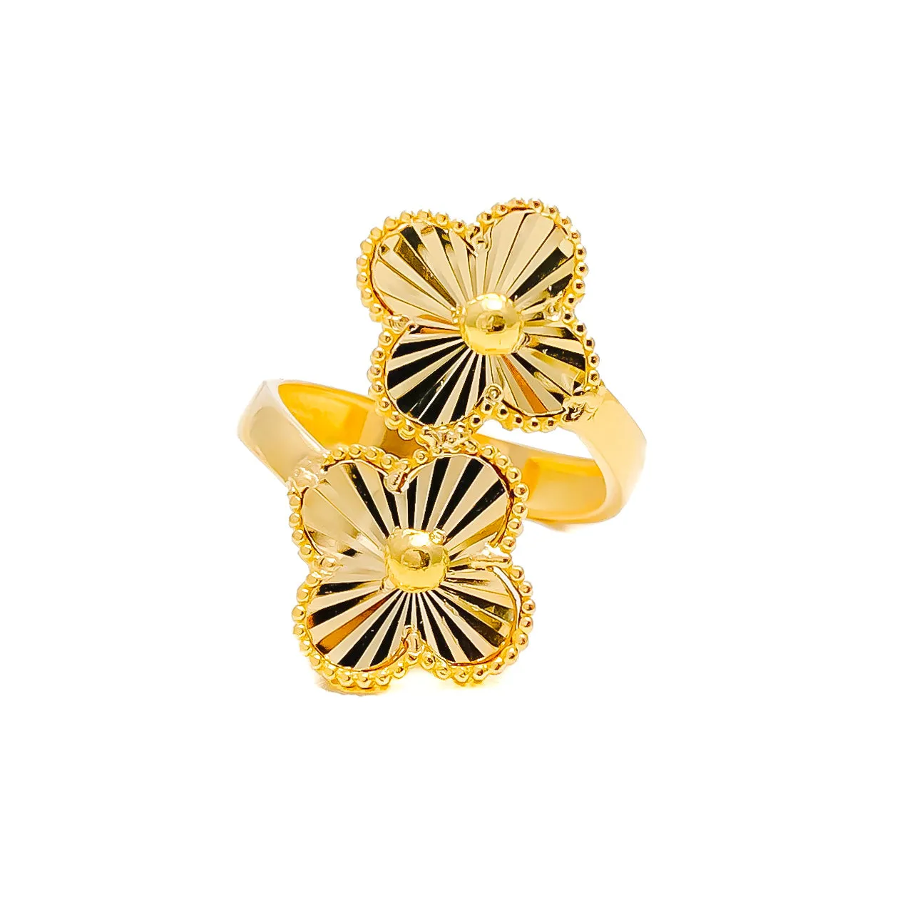 Bright Trendy Dual Flower 21k Gold Clover Ring