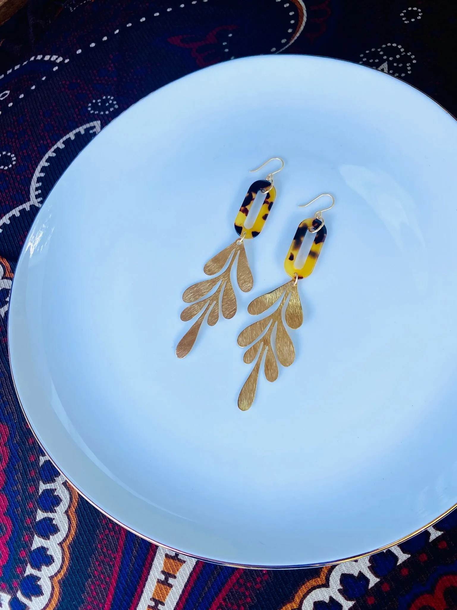 Brown Tortoise and Brass Leaf Earrings