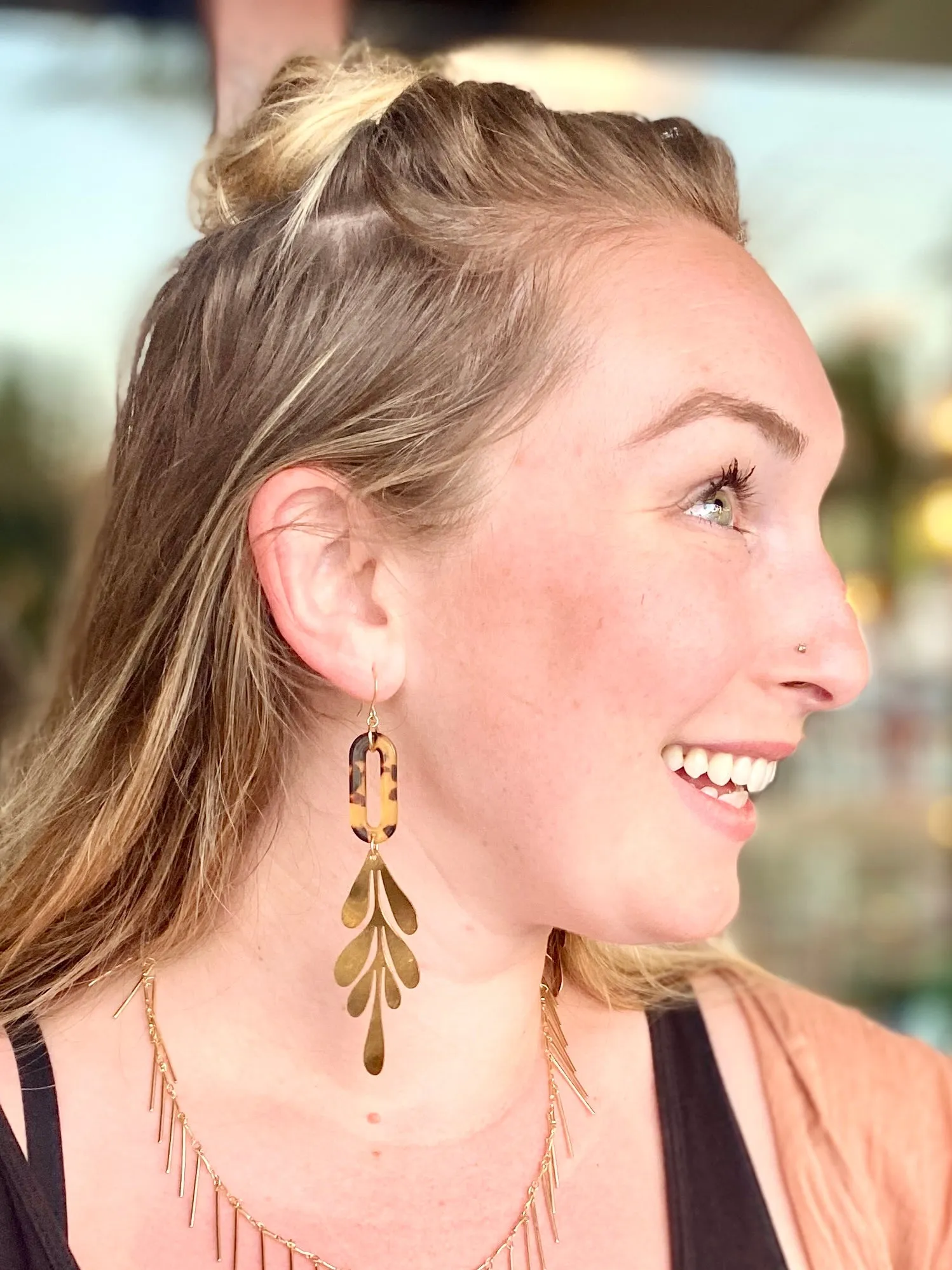 Brown Tortoise and Brass Leaf Earrings