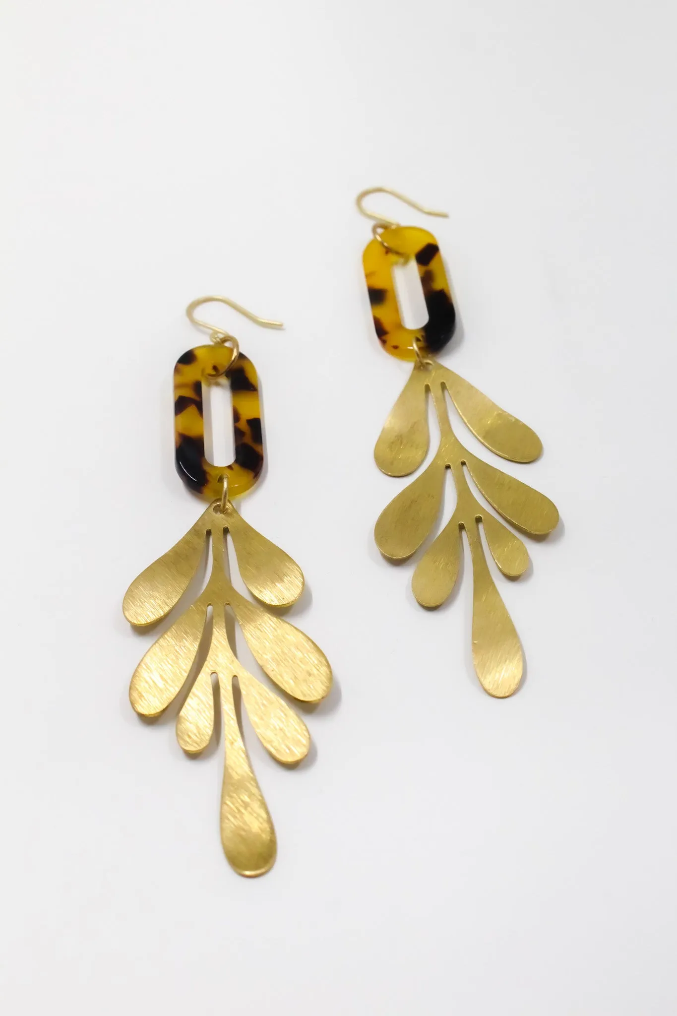 Brown Tortoise and Brass Leaf Earrings