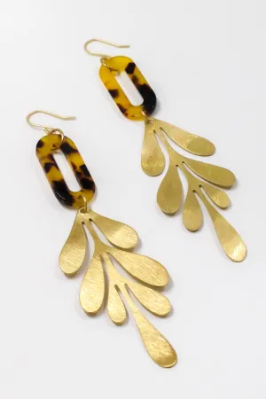 Brown Tortoise and Brass Leaf Earrings