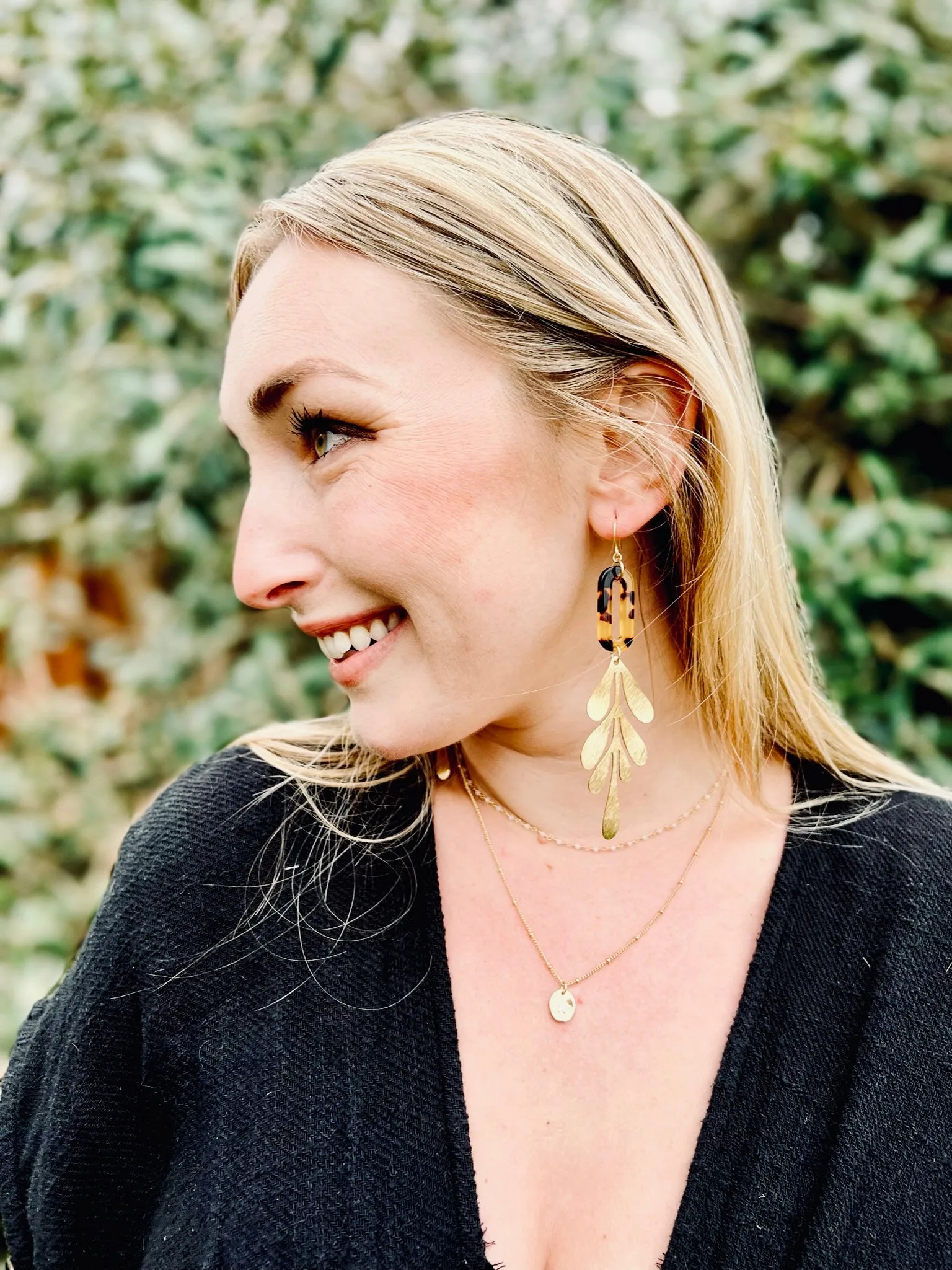 Brown Tortoise and Brass Leaf Earrings