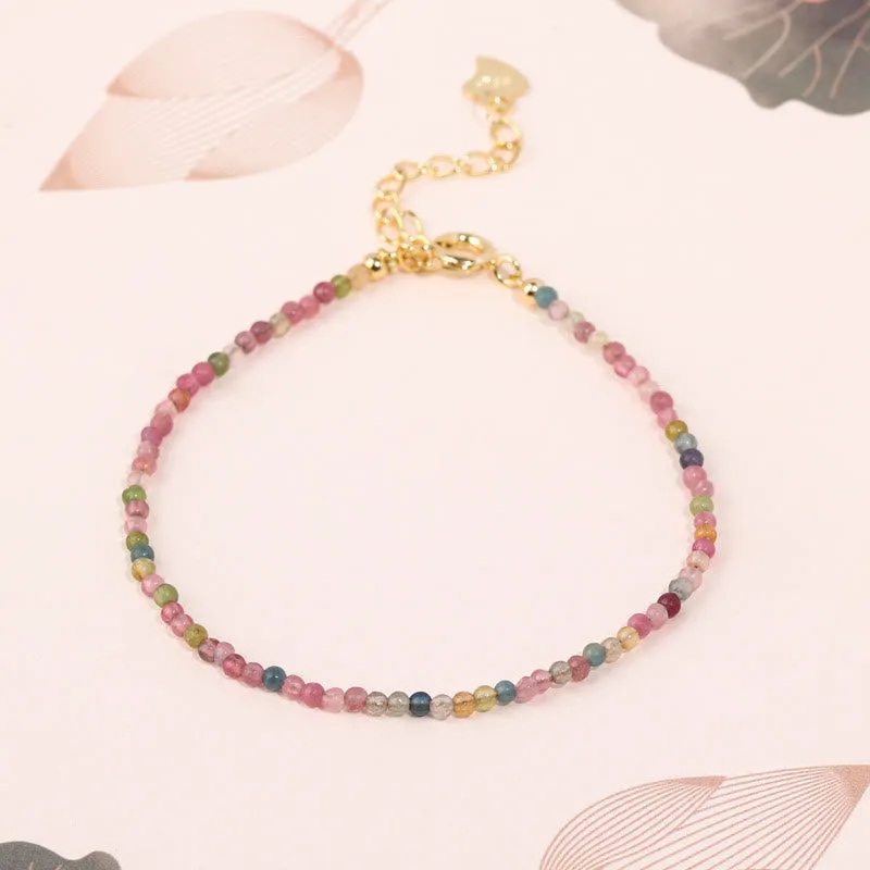 Buddha Stones 2mm Multicolor Tourmaline Ultra-thin Beads 14k Gold Plated Copper Wisdom Bracelet