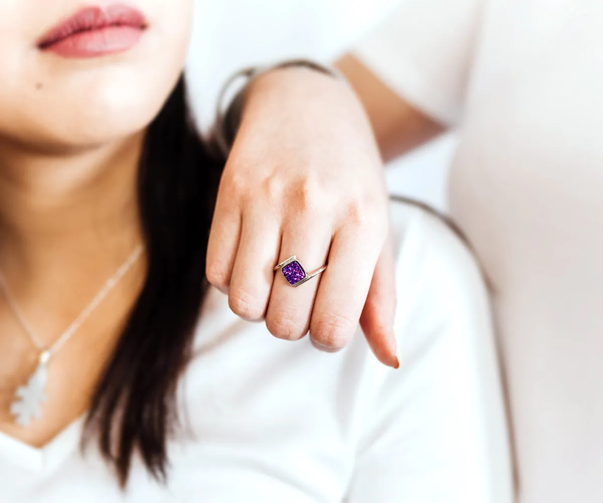 Bypass Square Blue Druzy Gold Ring