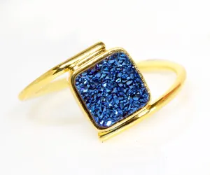 Bypass Square Blue Druzy Gold Ring