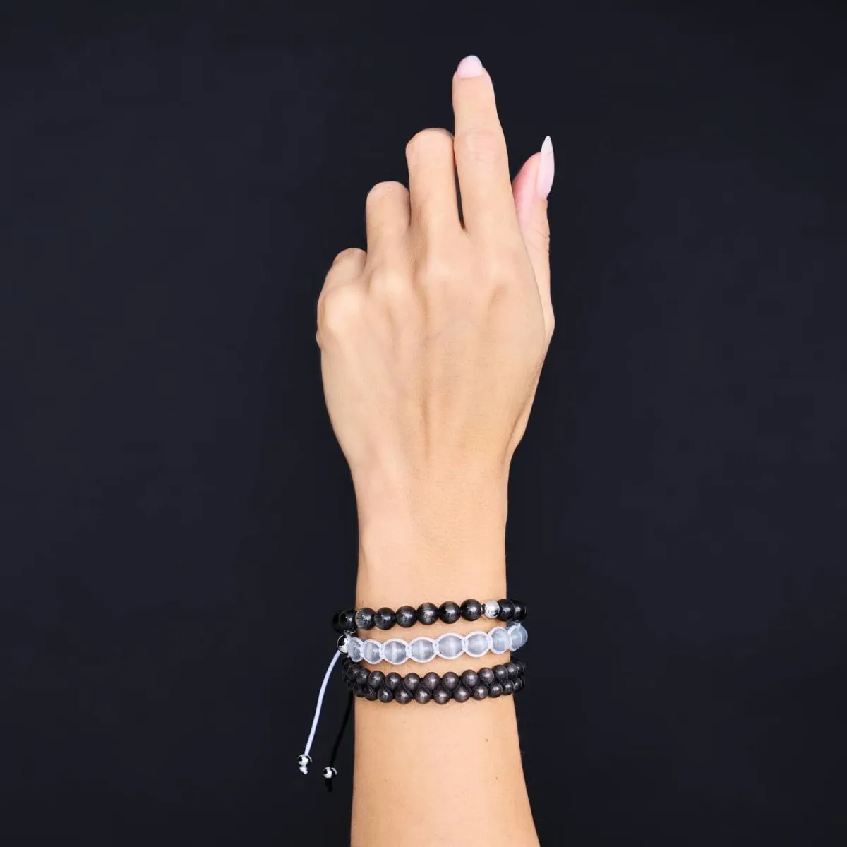 Charcoal | Silver | Cheshire Glass Double Macrame Bracelet
