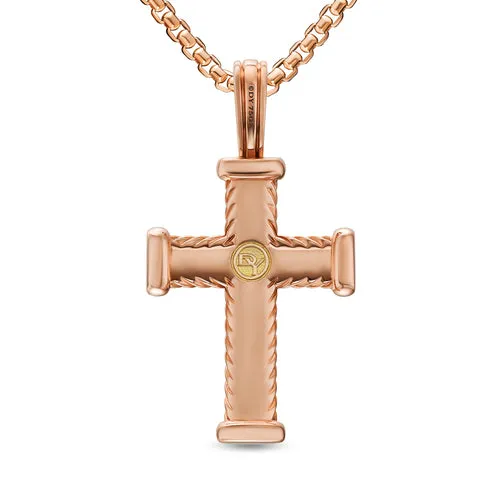 Chevron Cross Pendant in 18K Rose Gold with Cognac Diamonds, 32.6mm
