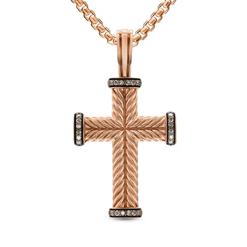 Chevron Cross Pendant in 18K Rose Gold with Cognac Diamonds, 32.6mm