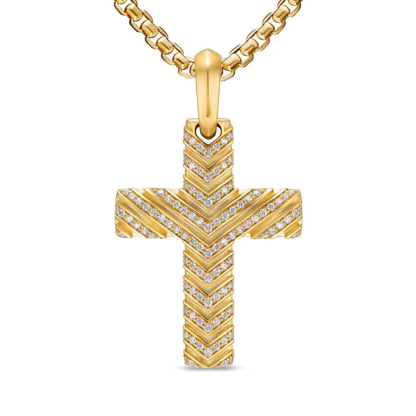 Chevron Cross Pendant in 18K Yellow Gold with Diamonds, 36mm
