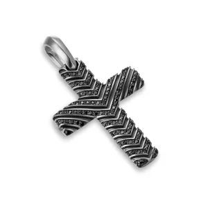 Chevron Cross Pendant in Sterling Silver with Black Diamonds, 36mm