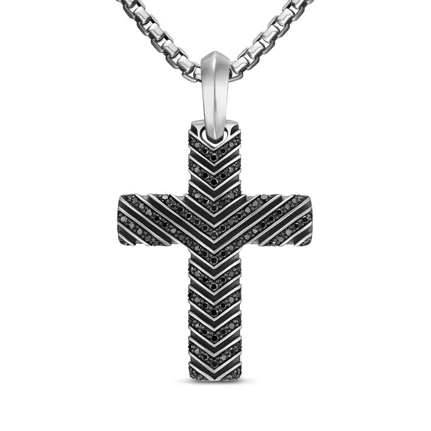 Chevron Cross Pendant in Sterling Silver with Black Diamonds, 36mm