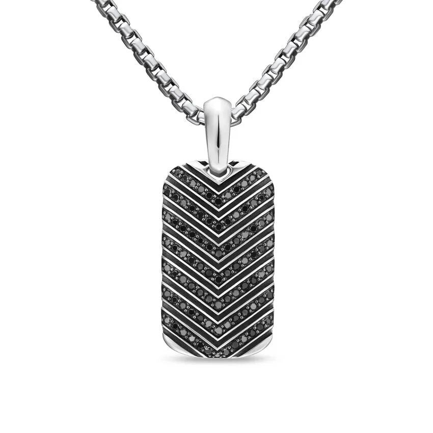 Chevron Tag in Sterling Silver with Black Diamonds, 27mm