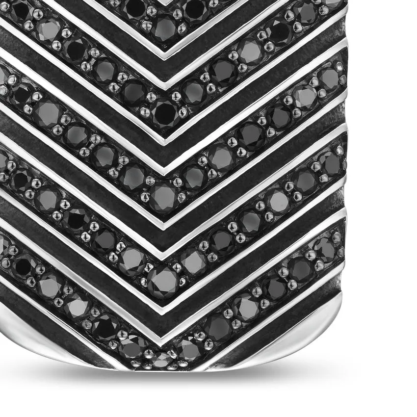 Chevron Tag in Sterling Silver with Black Diamonds, 27mm