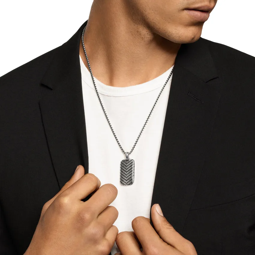 Chevron Tag in Sterling Silver with Black Diamonds, 34mm