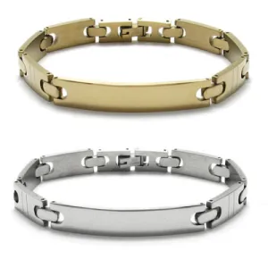 Classic 8" Thin Center Scored Section Link Stainless Steel Bracelet with Engravable Plate. Available in Gold and Steel.