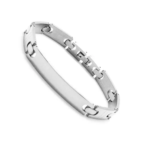 Classic 8" Thin Center Scored Section Link Stainless Steel Bracelet with Engravable Plate. Available in Gold and Steel.