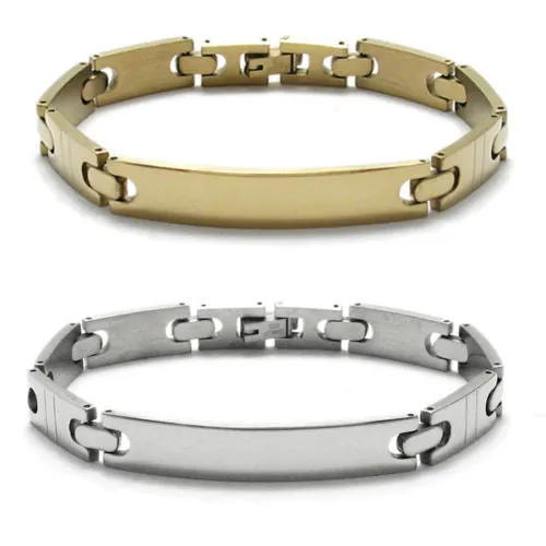 Classic 8" Thin Center Scored Section Link Stainless Steel Bracelet with Engravable Plate. Available in Gold and Steel.